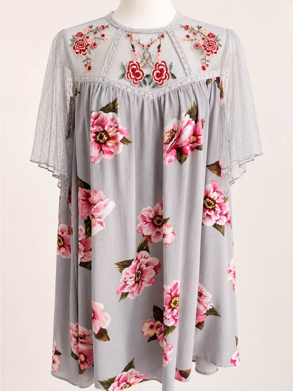 entro Gray Midi Dress with Pink Floral Embroidery and net yoke S